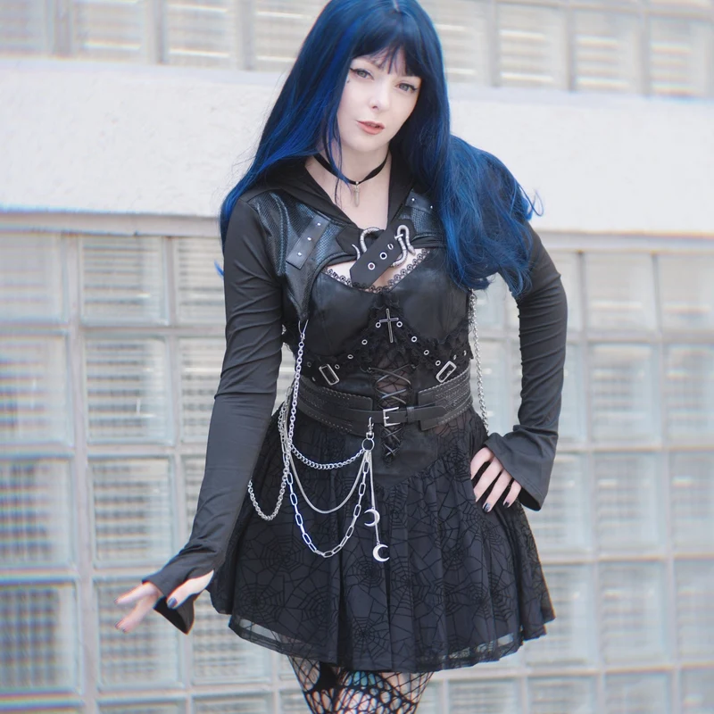 Punk-Slipkleid mit Spinnennetz-Print für Damen, Abschlusskleid