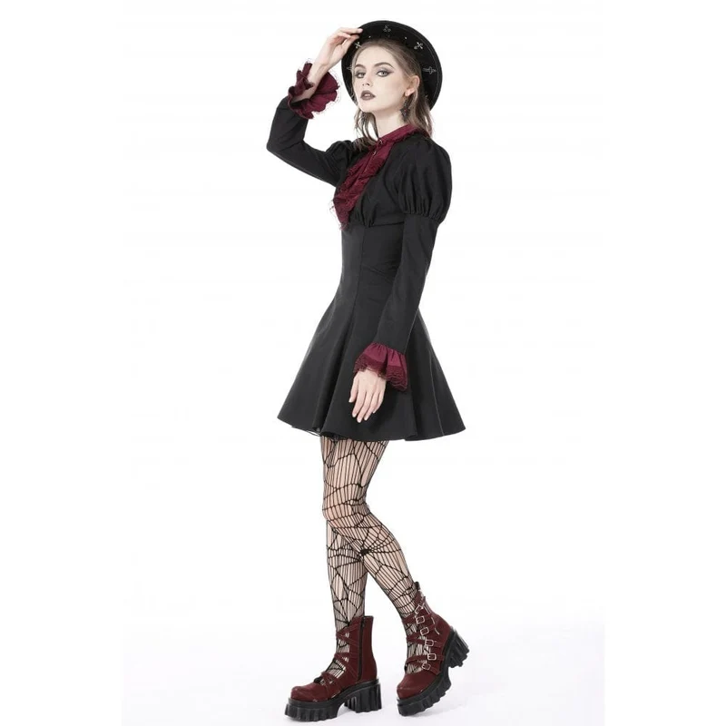 Gothic-Kleid für Damen mit Puffärmeln, Rüschenkragen und Schleife, Abschlusskleid