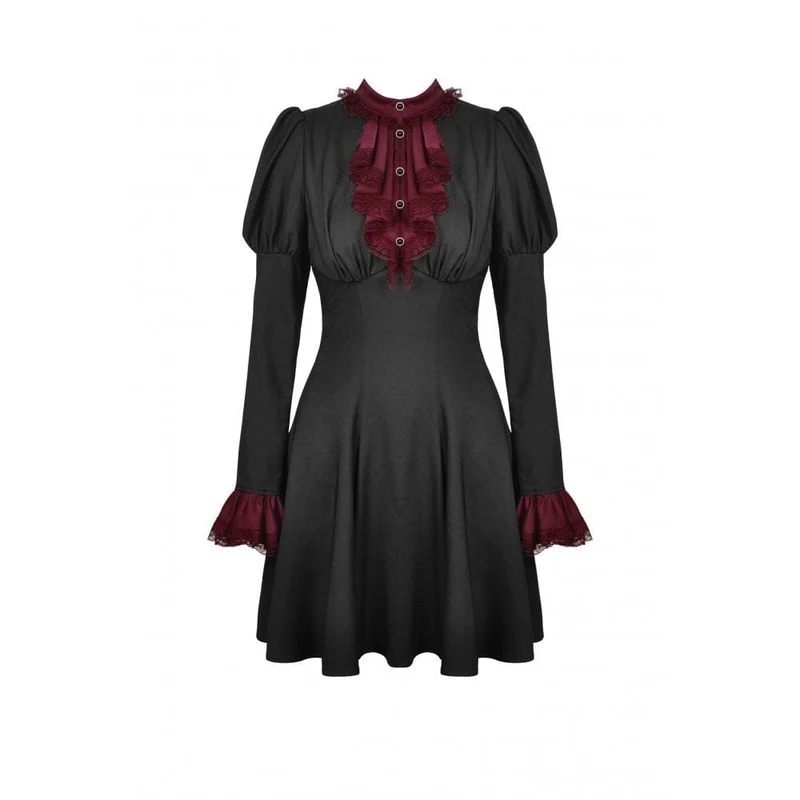 Gothic-Kleid für Damen mit Puffärmeln, Rüschenkragen und Schleife, Abschlusskleid