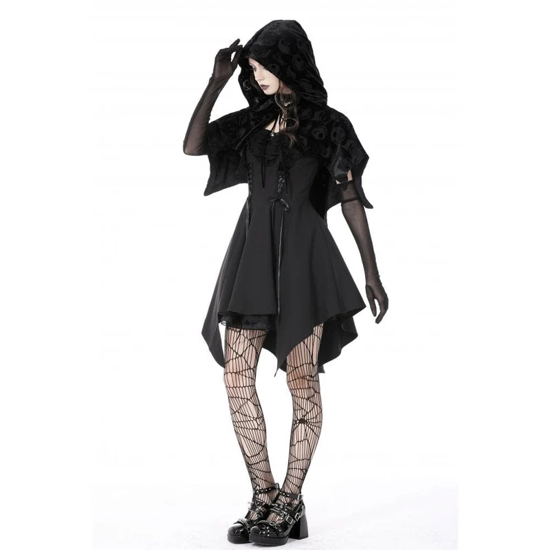 Samtumhang mit Gothic-Schädeldruck und Kapuze für Damen