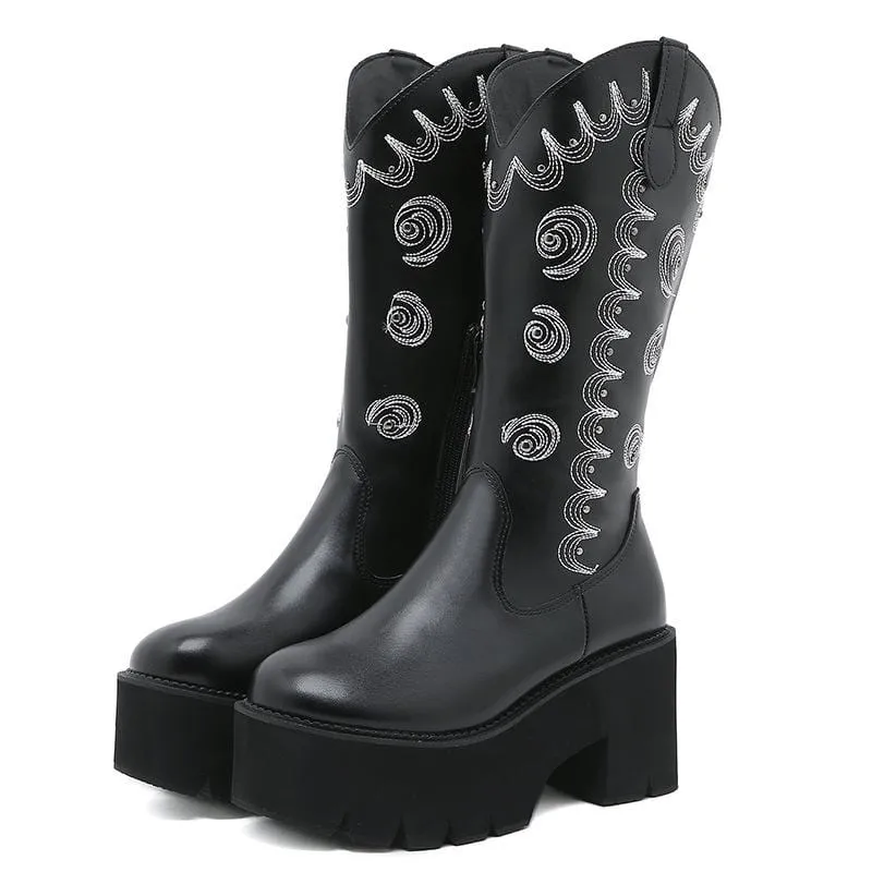 Damen-Punk Eddy bestickte Plateau-Buskin-Stiefel