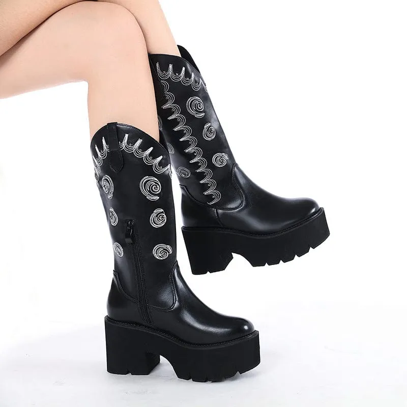 Damen-Punk Eddy bestickte Plateau-Buskin-Stiefel