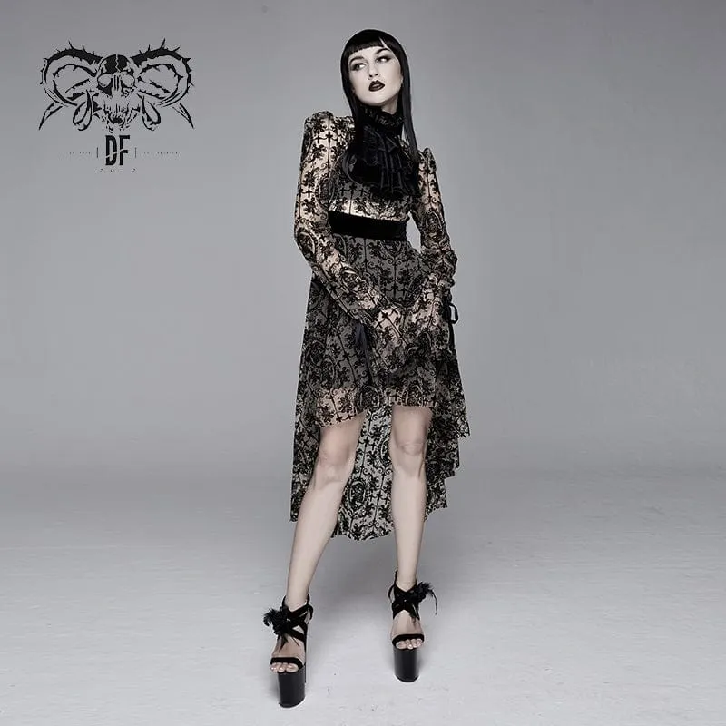 Gotisches Damen-Mesh-Kleid mit unregelmäßigem Blumendruck und Neckwear