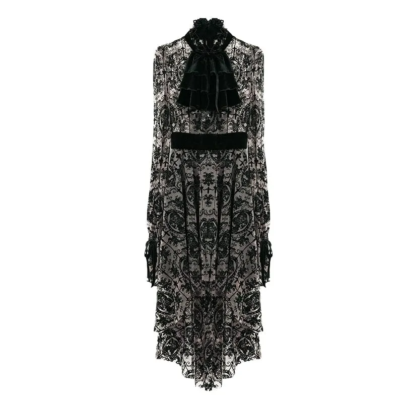 Gotisches Damen-Mesh-Kleid mit unregelmäßigem Blumendruck und Neckwear