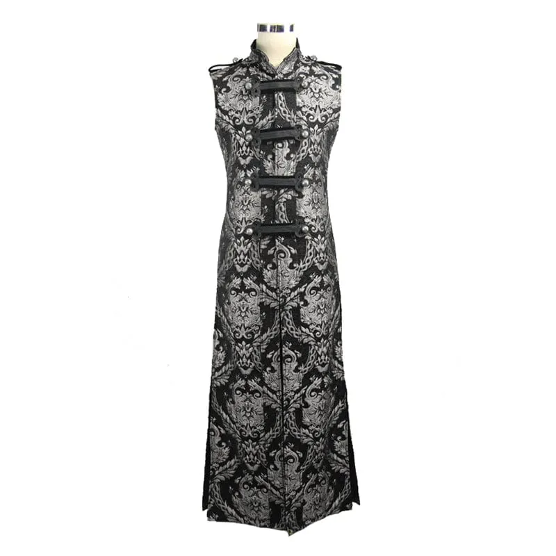 Herren Gothic Stehkragen Totem bestickte Weste Silber