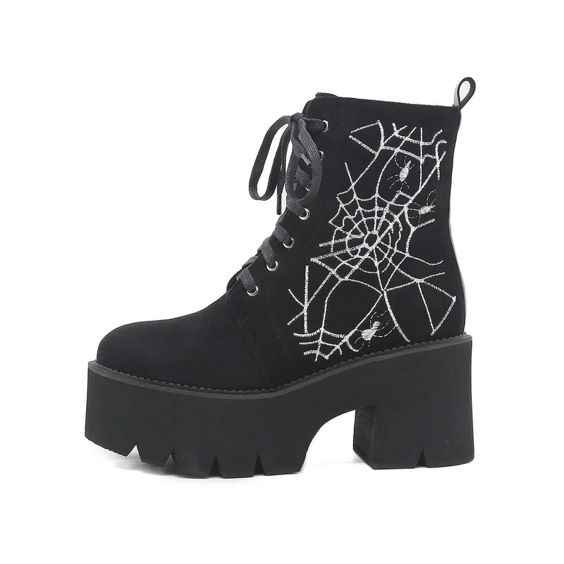 Damen Punk Spider Web bestickte Plateaustiefel