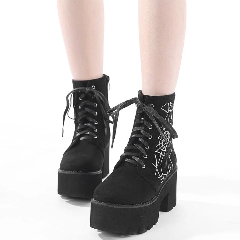 Damen Punk Spider Web bestickte Plateaustiefel
