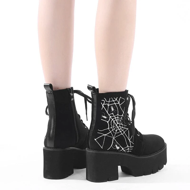 Damen Punk Spider Web bestickte Plateaustiefel