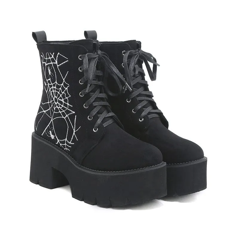 Damen Punk Spider Web bestickte Plateaustiefel