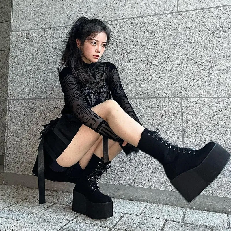 Damen-Punk-Wildleder-Schnür-Plateaustiefel