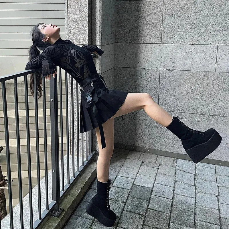 Damen-Punk-Wildleder-Schnür-Plateaustiefel