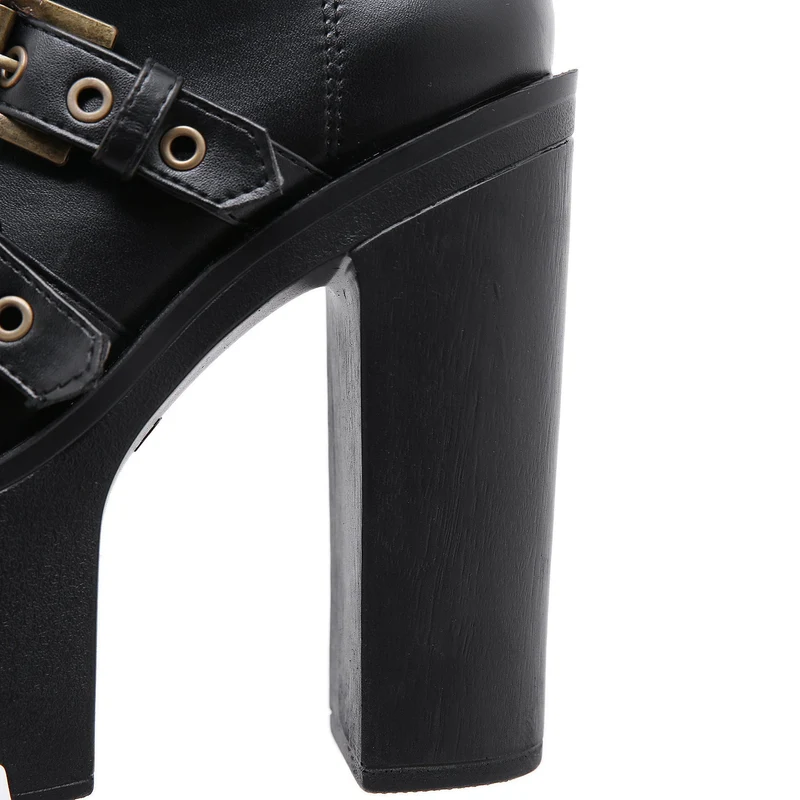 Damen Punk Buckles Chunky Heel Stiefel