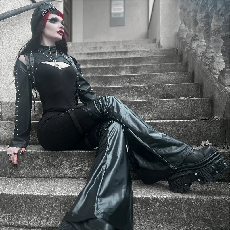 Punk-Ösen-Leggings für Damen mit Beinwärmern aus Kunstleder