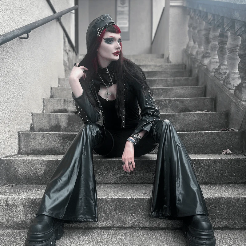 Punk-Ösen-Leggings für Damen mit Beinwärmern aus Kunstleder