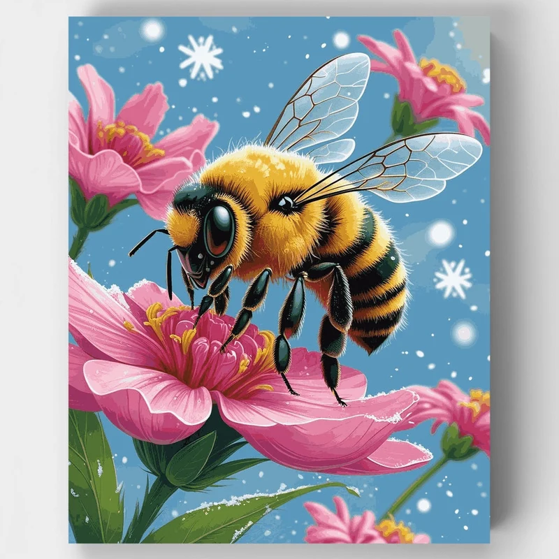 Fuzzy Bee on Pink Flowers - Paint by Numbers Kit