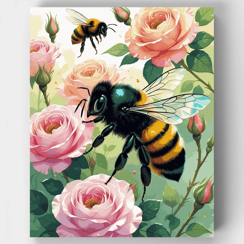 Bumblebees and Pink Roses - Paint by Numbers Kit