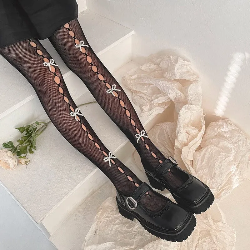 Damen Punk Pearl Bowknot Netzstrumpfhose