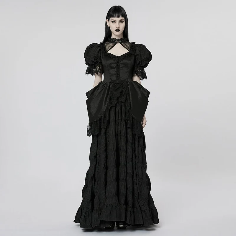 Mehrlagiges Gothic-Brautkleid für Damen mit Puffärmeln und Rüschen