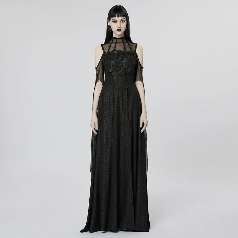 Damen-Hochzeitskleid im Gothic-Stil mit Off-Shoulder-Mesh-Splice und Schlitz