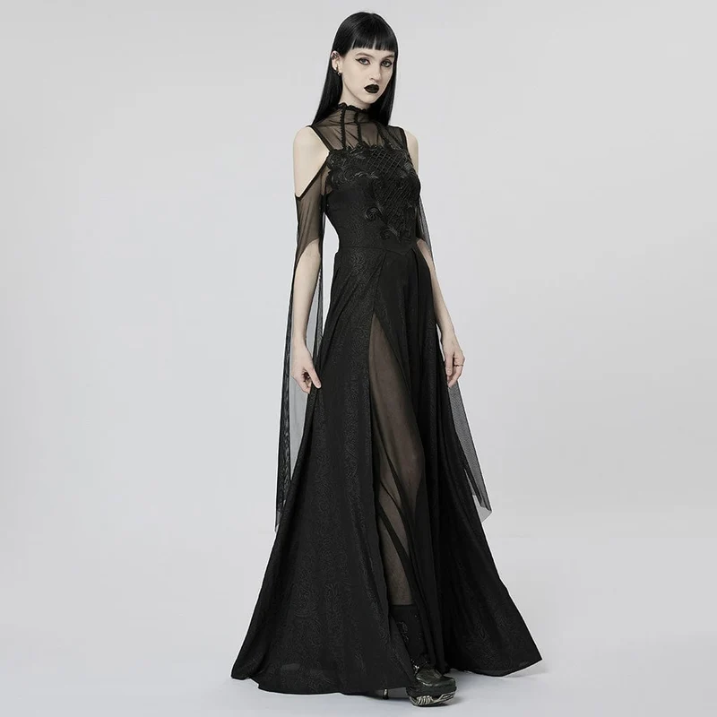 Damen-Hochzeitskleid im Gothic-Stil mit Off-Shoulder-Mesh-Splice und Schlitz