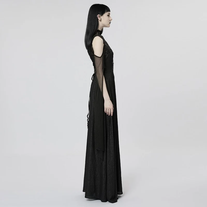 Damen-Hochzeitskleid im Gothic-Stil mit Off-Shoulder-Mesh-Splice und Schlitz