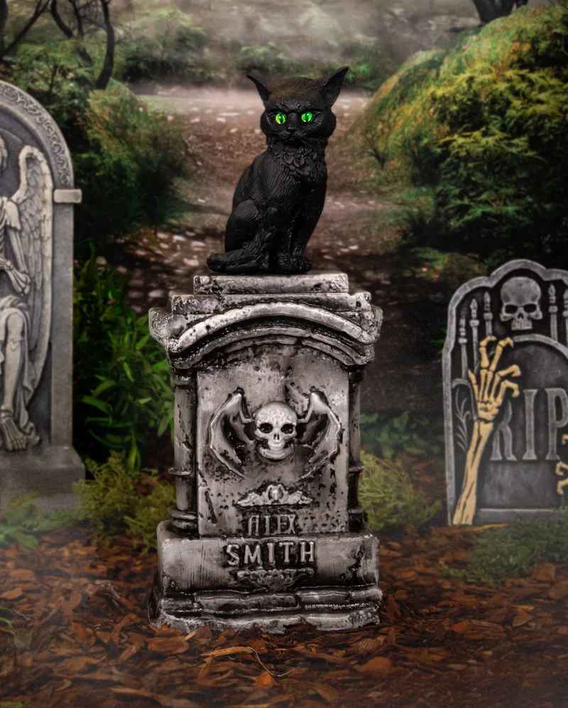 Hexenkatze Salem mit Licht & Sound auf Grabstein 90cm