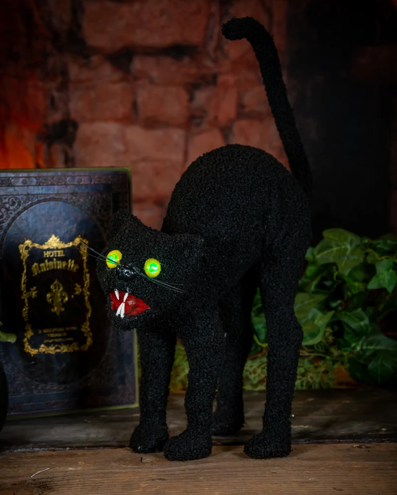 Schwarze bucklige Katze mit LED Augen 32cm