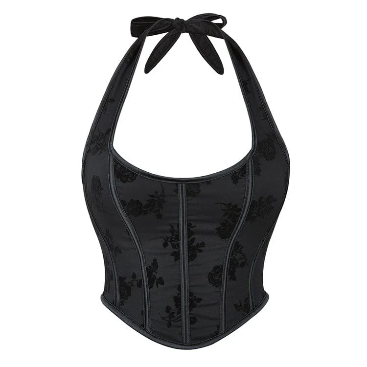 Gothic-Blumendruck-Neckholder-Vollbrustkorsett für Damen