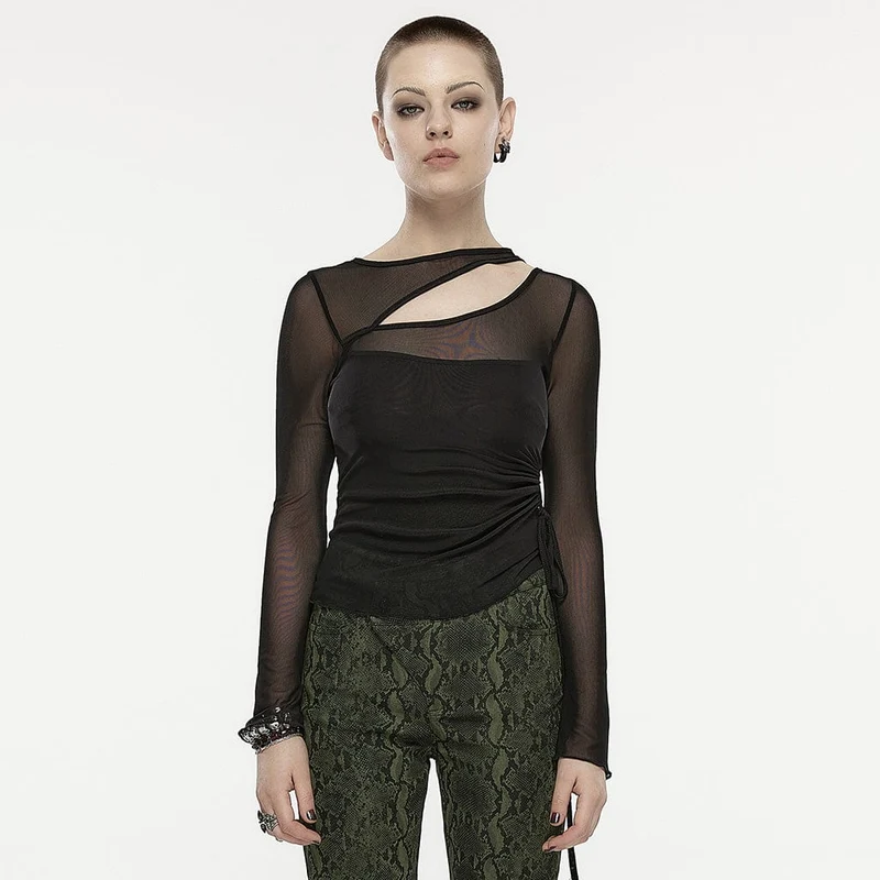 Gothic Cutout Mesh-Shirt mit Kordelzug für Damen