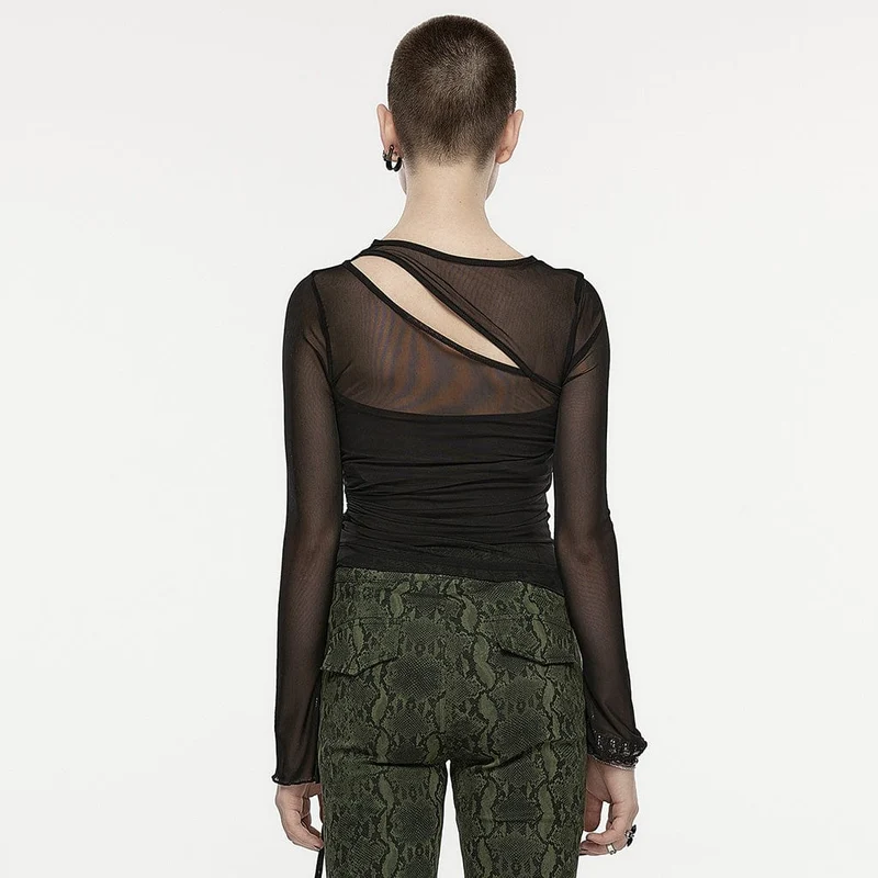 Gothic Cutout Mesh-Shirt mit Kordelzug für Damen