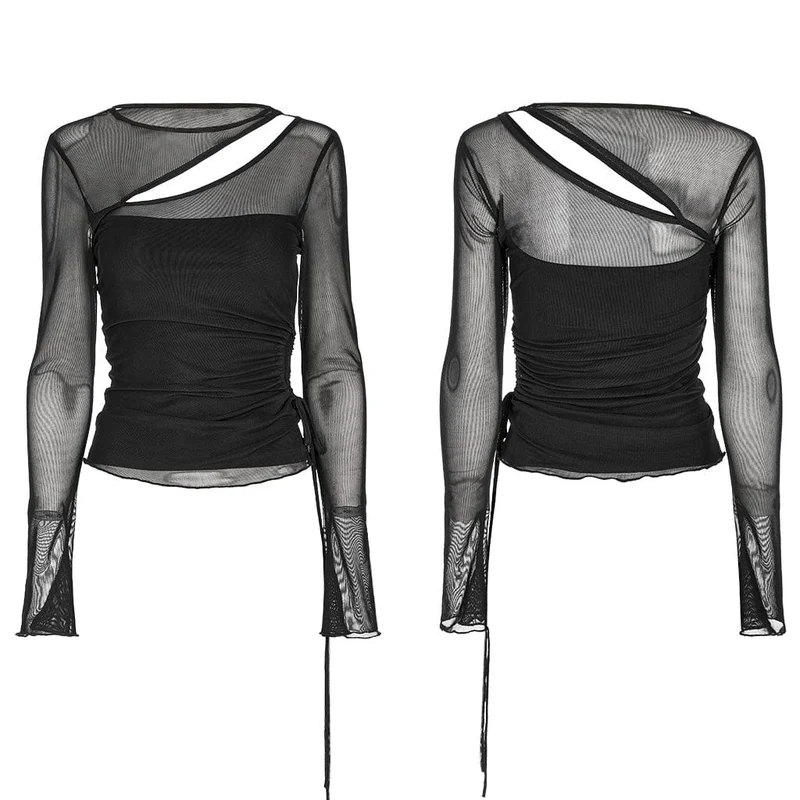 Gothic Cutout Mesh-Shirt mit Kordelzug für Damen