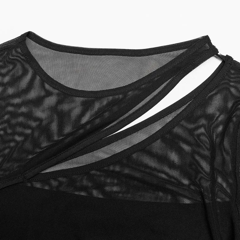 Gothic Cutout Mesh-Shirt mit Kordelzug für Damen