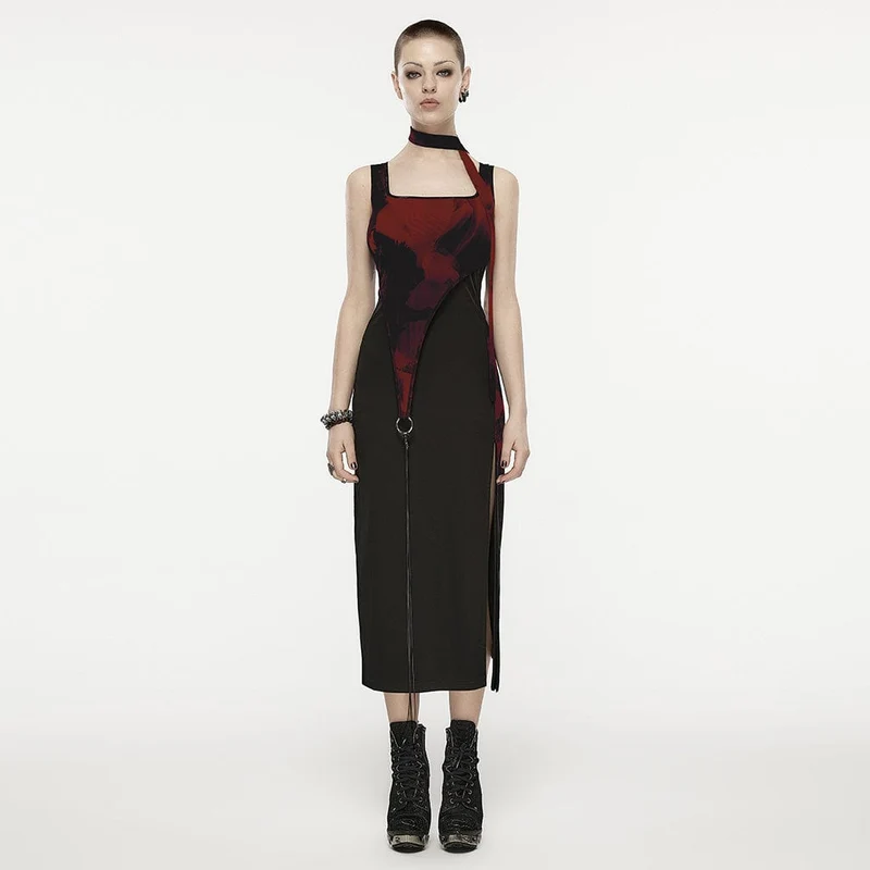 Geteiltes Slip-Kleid mit Grunge-Tintendruck für Damen mit Neckwear