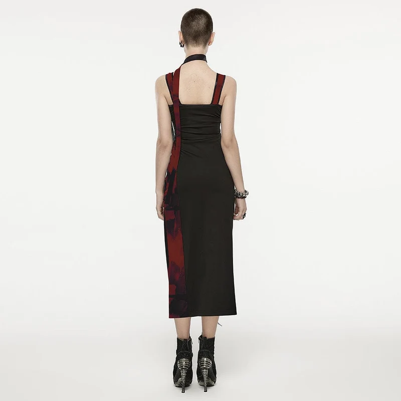 Geteiltes Slip-Kleid mit Grunge-Tintendruck für Damen mit Neckwear