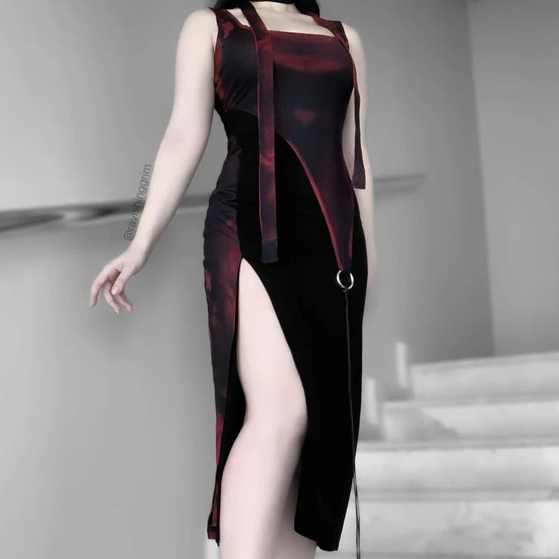 Geteiltes Slip-Kleid mit Grunge-Tintendruck für Damen mit Neckwear