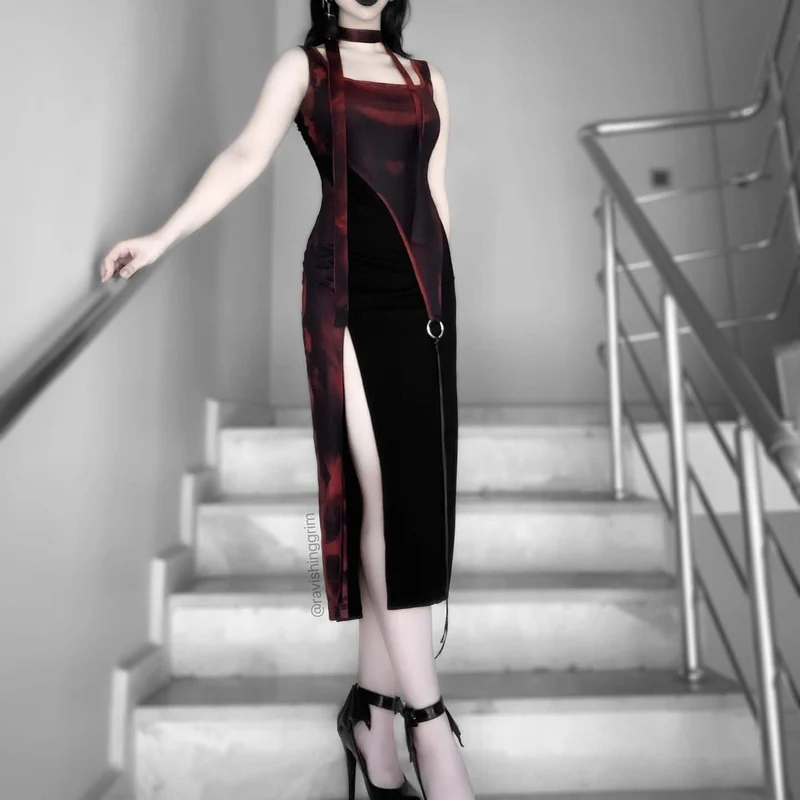 Geteiltes Slip-Kleid mit Grunge-Tintendruck für Damen mit Neckwear