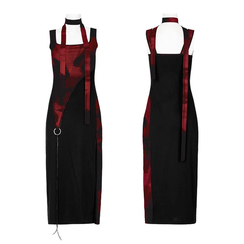 Geteiltes Slip-Kleid mit Grunge-Tintendruck für Damen mit Neckwear
