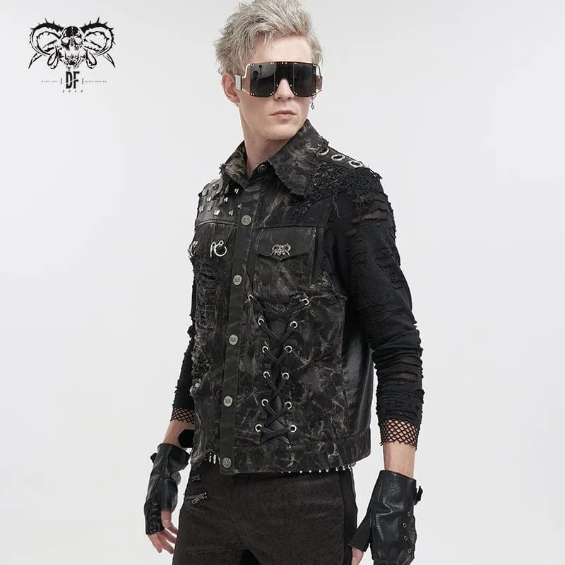 Gothic Mesh Splice Rivet Distressed Weste für Herren