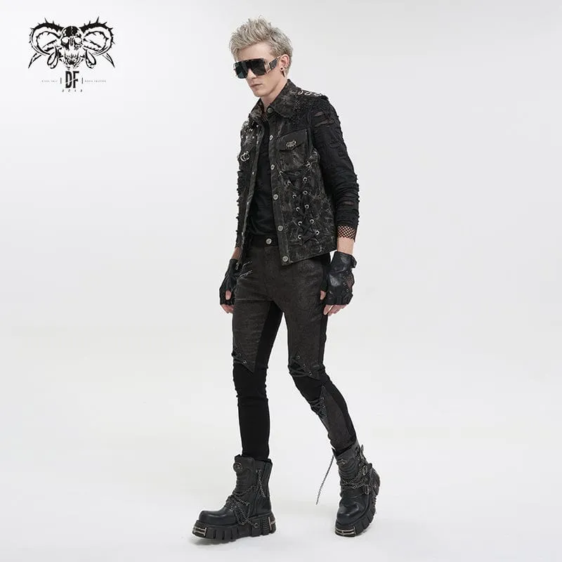 Gothic Mesh Splice Rivet Distressed Weste für Herren