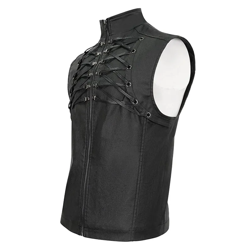 Herren Gothic Riemchen Stehkragen Kunstleder Weste