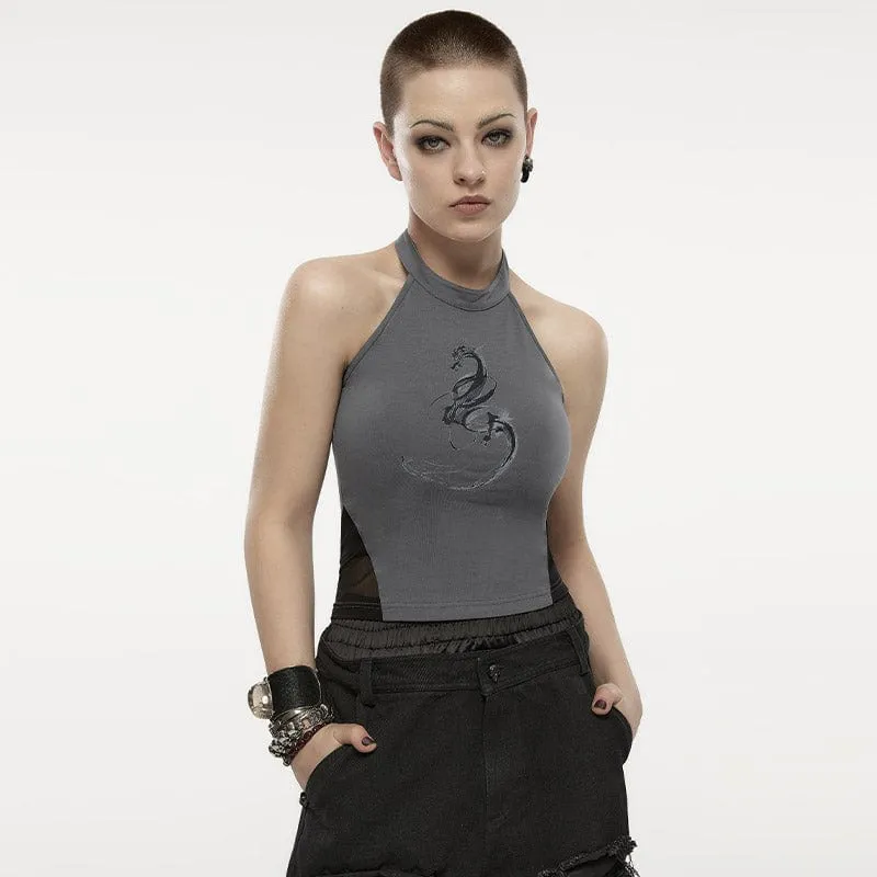 Bedrucktes Neckholder-Tanktop mit Punkdrachen für Damen