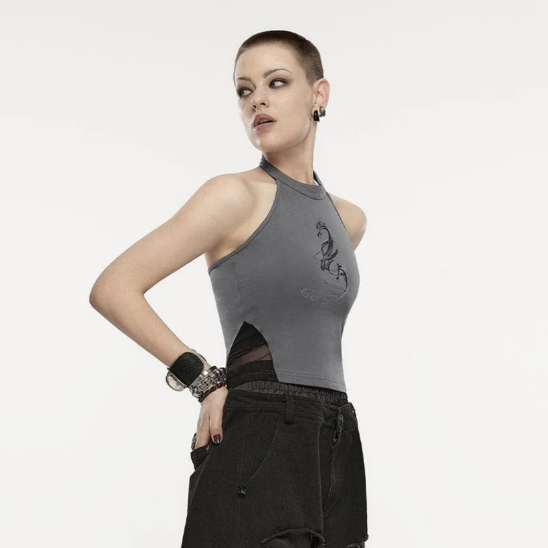 Bedrucktes Neckholder-Tanktop mit Punkdrachen für Damen