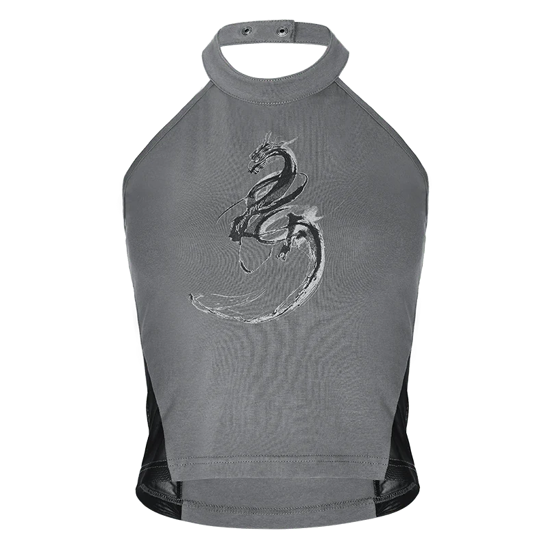 Bedrucktes Neckholder-Tanktop mit Punkdrachen für Damen