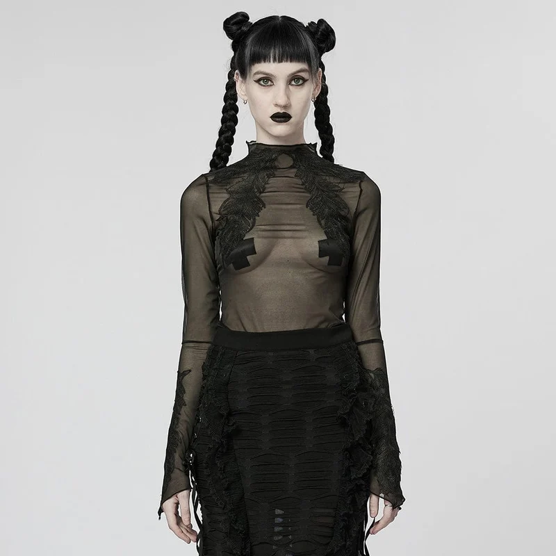 Gothic-Feder-Mesh-Shirt für Damen