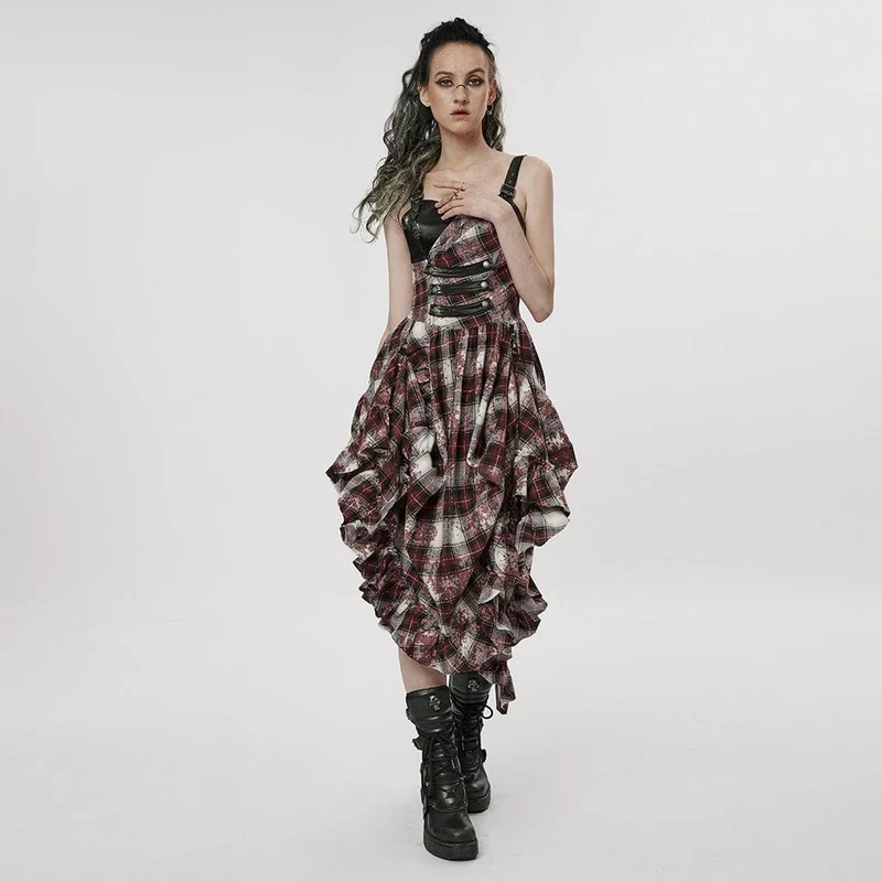 Damen-Grunge-Karokleid mit Rüschen und Schulterpolster