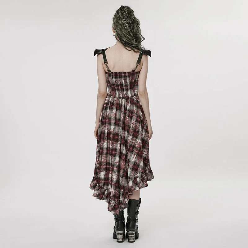 Damen-Grunge-Karokleid mit Rüschen und Schulterpolster