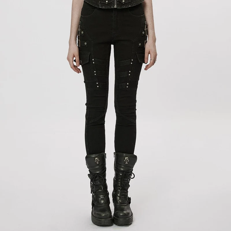 Damen-Punk-Jeans mit mehreren Taschen und Schnalle