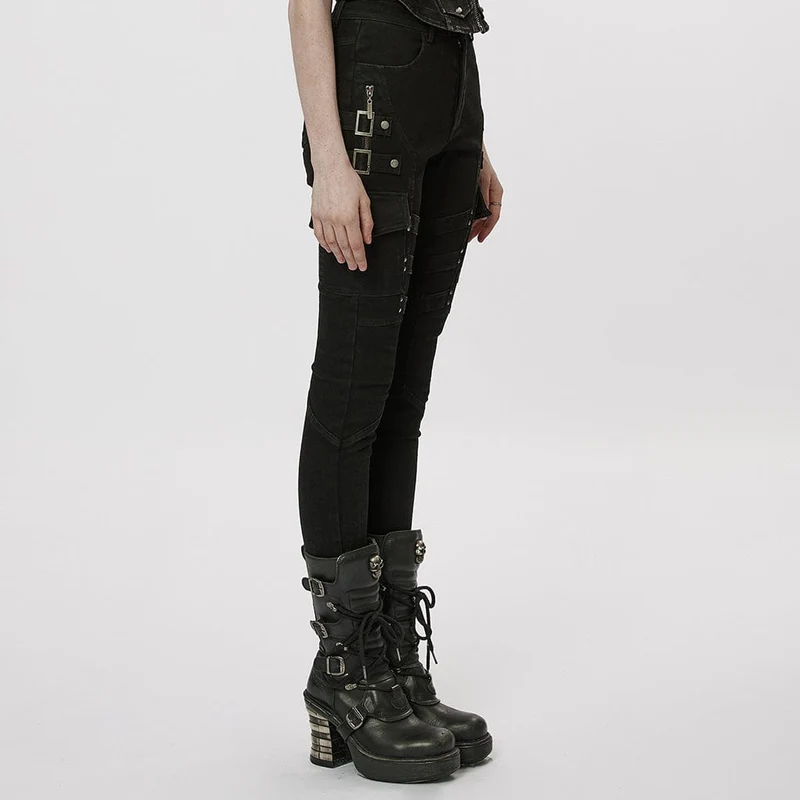 Damen-Punk-Jeans mit mehreren Taschen und Schnalle