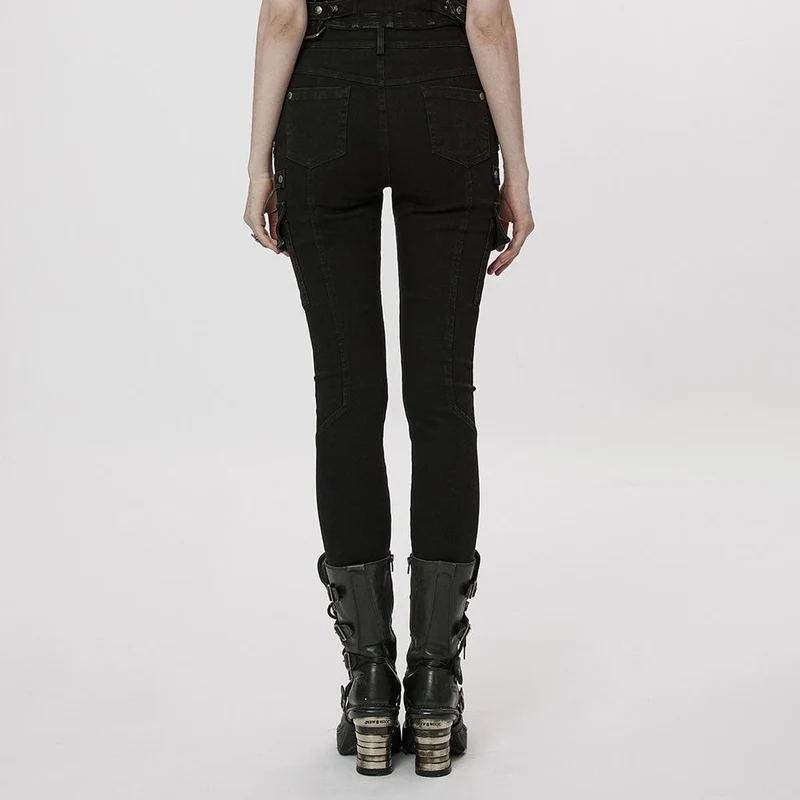 Damen-Punk-Jeans mit mehreren Taschen und Schnalle