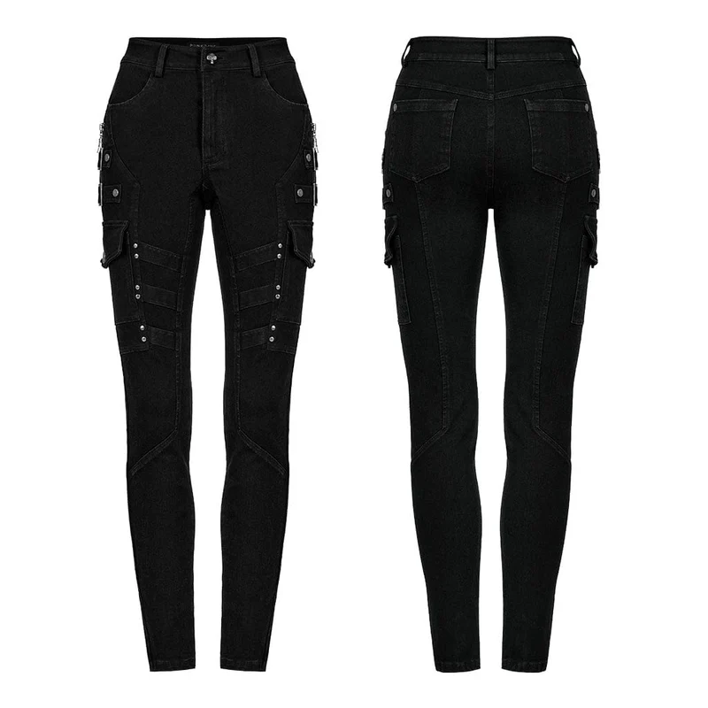 Damen-Punk-Jeans mit mehreren Taschen und Schnalle